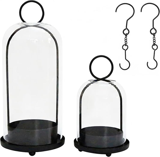 Candle Holders Set of 2,Versatile Farmhouse Black Metal Hurricane Pillar Candle Pedestal Holders with Handmade Sturdy Glass Dome,Candlesticks Holders for Pillar Candle & Plants, Seasons décor(Black)