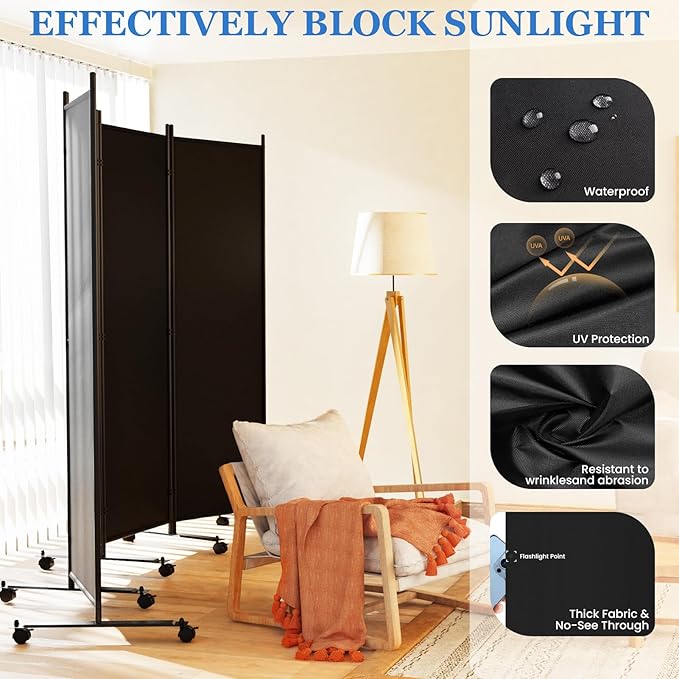 SUNALLY Room Divider 6FT Folding Privacy Screens with Lockable Wheels, 8 Panel Room Partition for Room Separator, 176" W Freestanding Portable Fabric Wall Dividers for Home Dorm Studio Office, Black