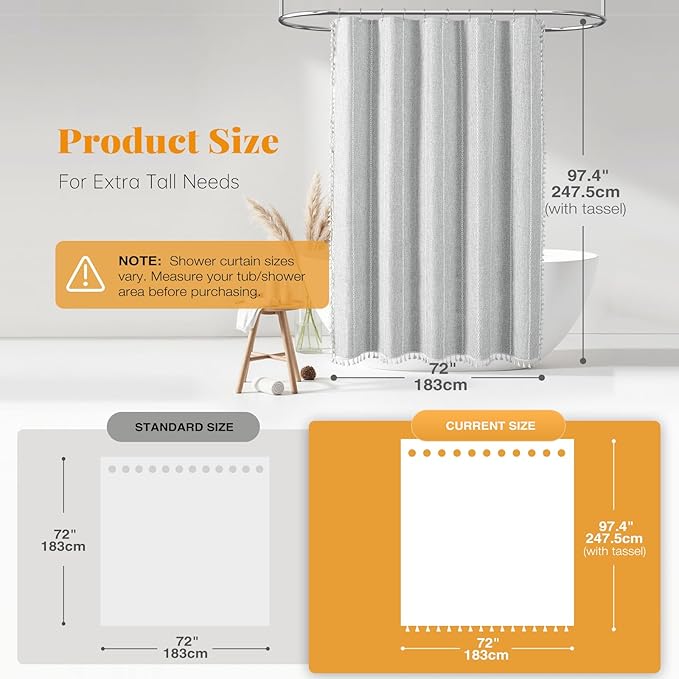 BTTN Boho Farmhouse Shower Curtain - Linen Rustic Heavy Duty Striped Fabric Shower Curtain Set with Tassel, Bohemian Vintage Country Cloth Shower Curtains for Bathroom，Grey，72" W x 96" L (Pack of 1)