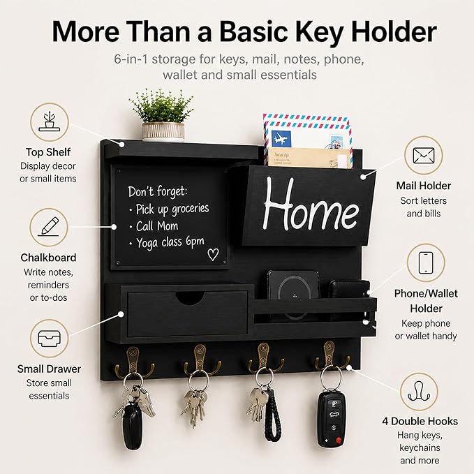 Dvobez Black Farmhouse Key Holder for Wall with Mail Organizer, 6-in-1 Entryway Organizer with Chalkboard, Drawer, Phone Wallet Holder, Top Shelf and 4 Double Hooks