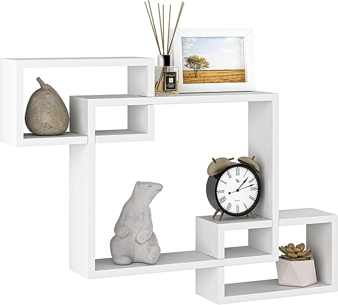 Ballucci Wooden Interweave Floating Wall Mounted Shelves, Horizontal and Vertical Display Storage Shelf for Living Room Bedroom Entryway Hallway Bathroom, 26" x 16", White