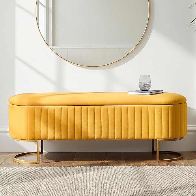 50.5” Velvet Storage Ottoman Bench with Gold-Toned Legs, Luxury Upholstered End of Bed Multi-Functional Footrest & Seat for Bedroom & Entryway