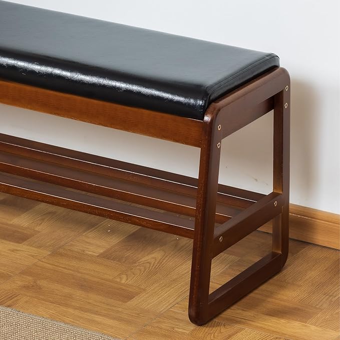 Shoe Bench with Storage - 2-Tier Entryway Bench, Solid Wood Shoe Rack with Cushion & Flip-Open Box, Mid-Century Modern for Hallway, Mudroom, Bedroom (Black, 39.4'')