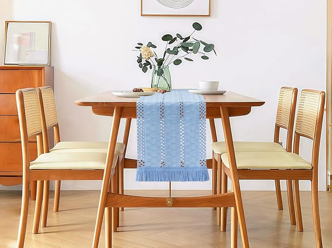 YATOJUZI Blue Table Runner Pure Blue Boho Table Runners with Tassels 48 Inches Seasonal Small Table Runner Rustic Farmhouse Table Runners for Bohemian Dining Bedroom Kitchen Decor 12x48 Inches