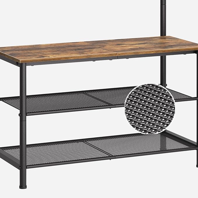 YATINEY Hall Tree, Coat Rack with Shoe Bench, 4-in-1 Entryway Bench with Storage Shelves, Hanging Rod and 8 Movable Hooks, Hall Tree with Storage Bench for Hallway, Rustic Brown and Black MT02BR