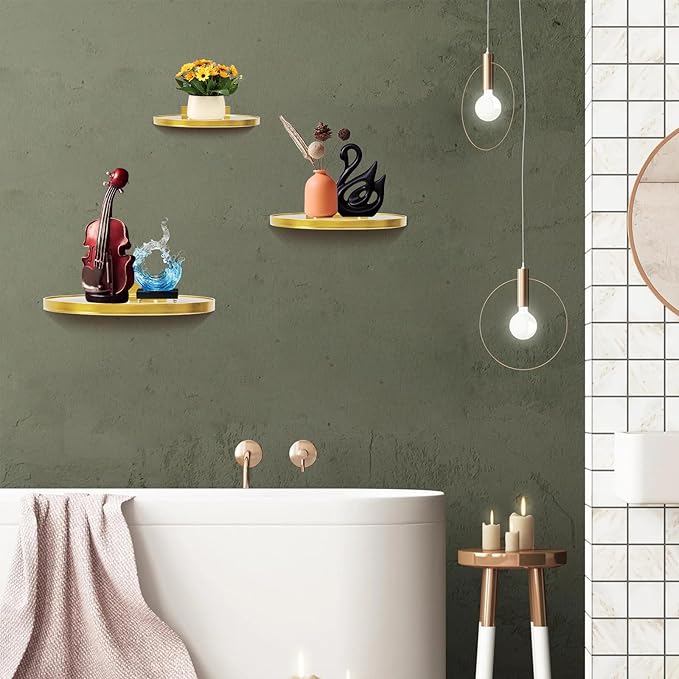 ZEXUIRU 3 Set Metal Glass Shelf for Wall Decor Bathroom Living Room Bedroom Kitchen Metal Mixed-Size, Decorative Glass Floating Wall-Mounted Tempered Shelf Rack Holder -Gold 7.8in/5.9in/3.9in