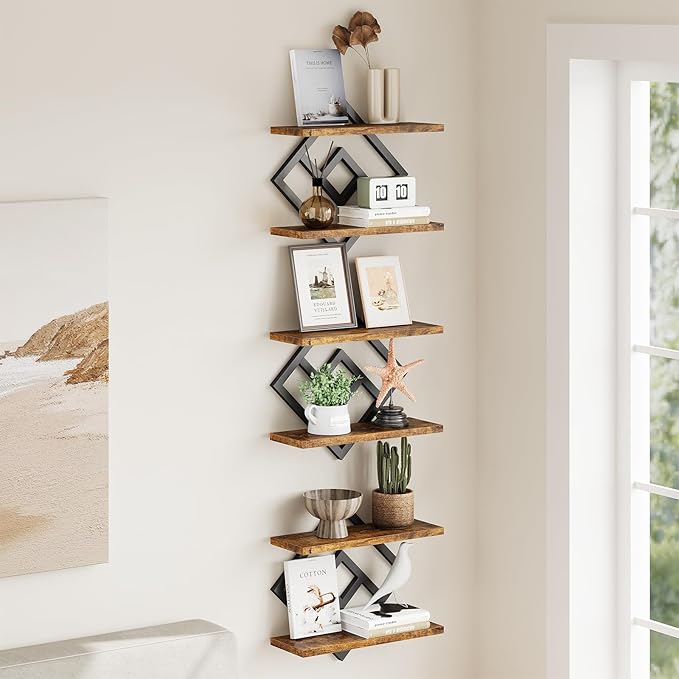 ELYKEN Floating Shelves for Wall, Set of 3 Hanging Shelves, 2-Tier Wall Mounted Storage Shelves for Books & Decor, Perfect for Living Room, Bedroom, Kitchen, Home Office, Study, Rustic Brown