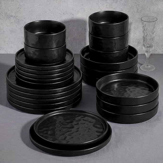 E-far 24-Piece Black Plates and Bowls Sets with Pasta Bowls - Stoneware Dinnerware Set for 6, Modern Ribbed Matte Black Kitchen Dishes, Microwave & Dishwasher Safe