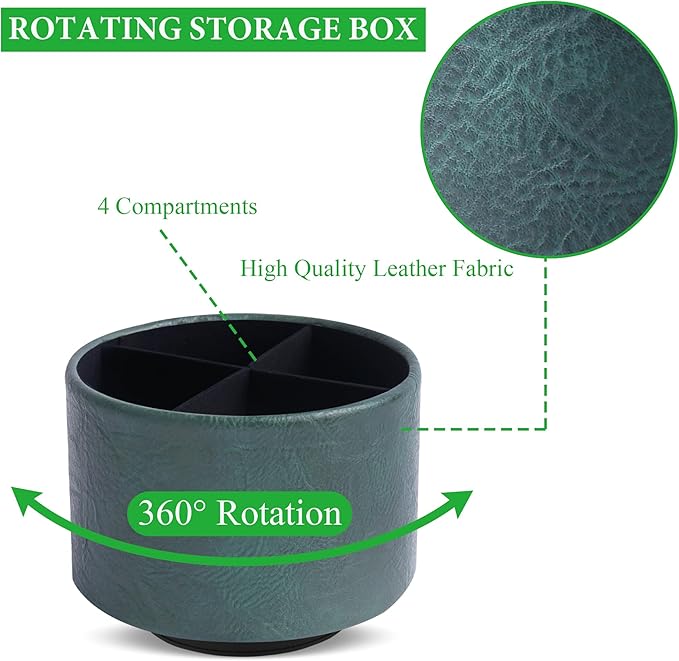Round Leather Art Supply Organizer,Remote Control Holder,360 Degree Spinning,Multi-Functional Pencil Holder,4 Compartments Desktop Stationary Organizer(1-Crazy Green)