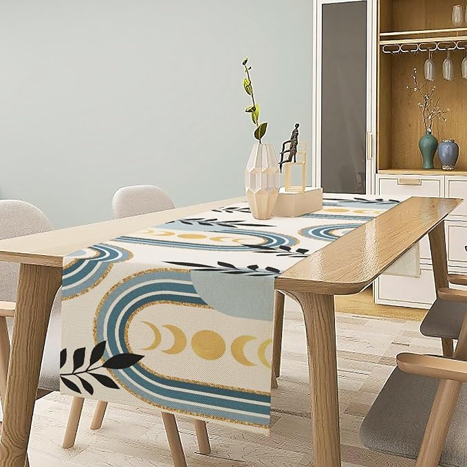 YCness Boho Mid Century Abstract Table Runner Modern Sun Moon Phase Minimalist Aesthetic Leaves Arch Geometric Blue Grey Table Runner for Dining Party Table Decor, 13x60 Inch