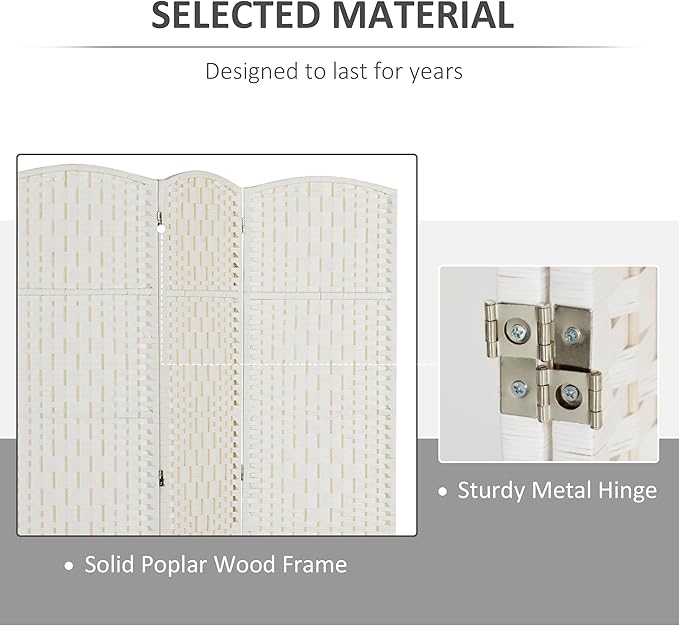 HOMCOM Room Divider 3 Panel, 6FT Tall Folding Privacy Screen, Freestanding Hand-Woven Partition for Room Separation with 360° Hinges, Paper Rope Diamond Weave, White