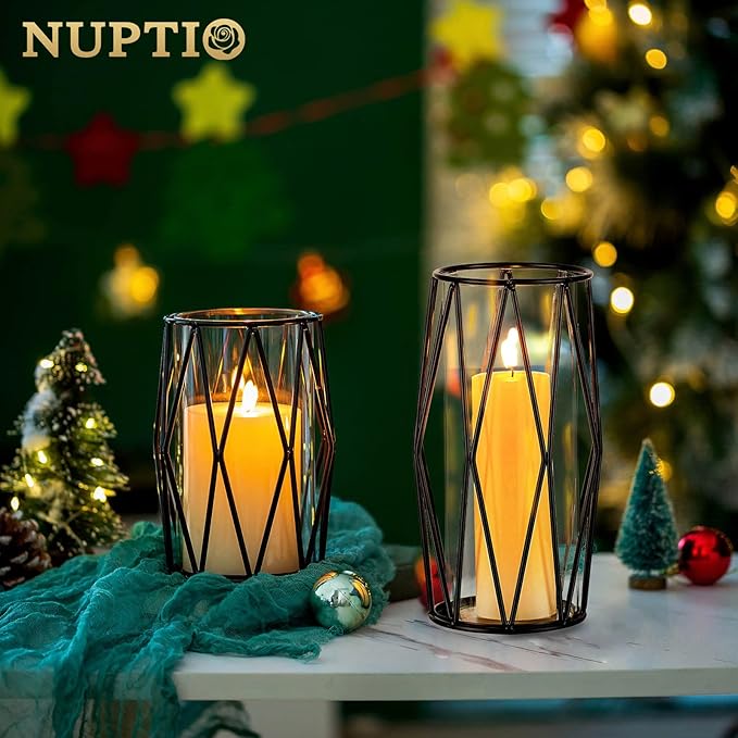 Nuptio Black Pillar Candle Holders - Glass Candles Holder with Geometric Metal Rack Stand for Wedding Birthday Party Centerpieces - Flower Vase Small Hurricane Vases for Office Living Room