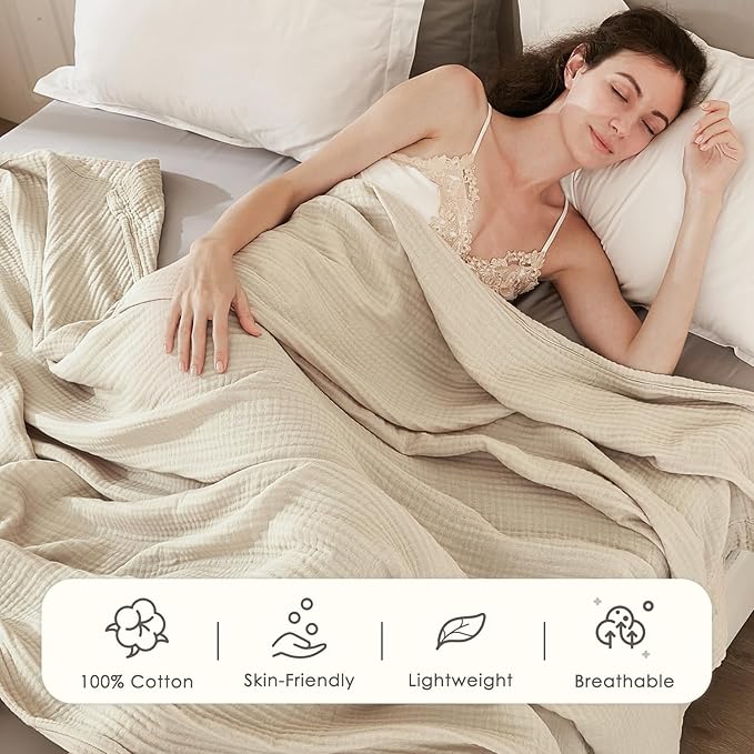 EMME Cotton Blanket Queen Size for Bed Soft Muslin Bed Blankets 90"x90" Light Tan Lightweight Breathable Bedspread Coverlet All Season Gauze
