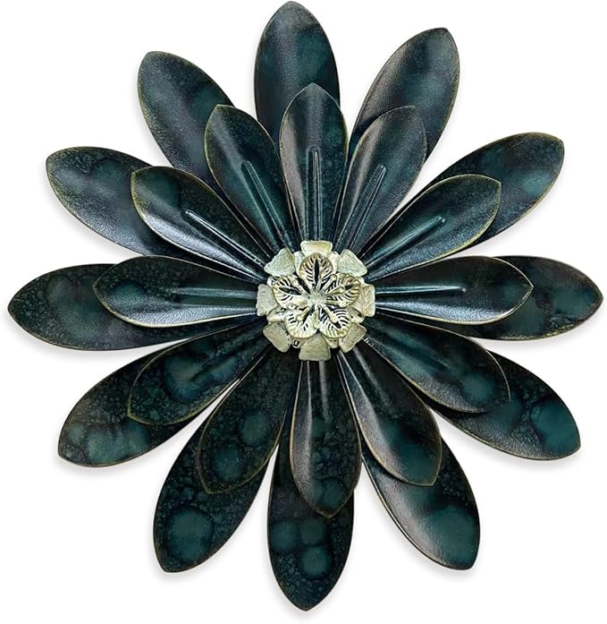 Novbvia Metal Flower Wall Sculpture, 12" Rustic Modern Floral Artwork, Distressed 3D Layered Iron Flower Wall Hanging Accent for Indoor/Outdoor, Kitchen,Living Room Office Garden Decor (Dark Green)