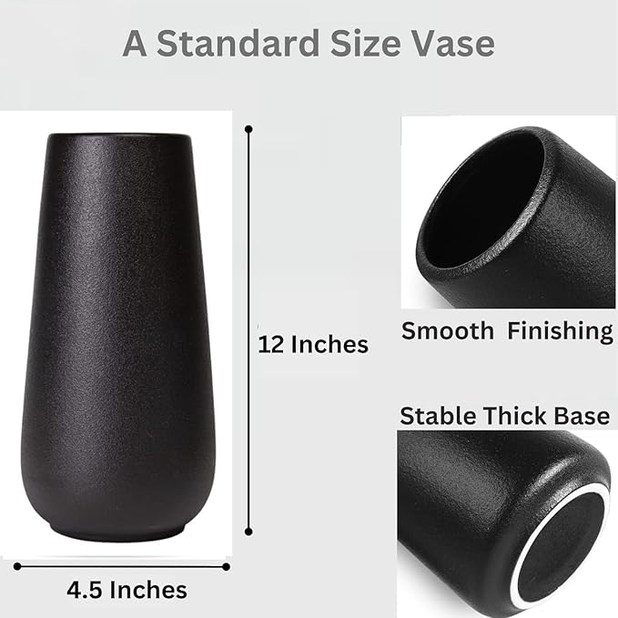 12 Inch Tall Premium Quality Ceramic Vase | Flower Vase for Home Decor | Farmhouse Decor, Desk Decor, Modern Decor, Aesthetic Room Decor, Black Vase for Bohemian Decor, Pampas Vase, Black
