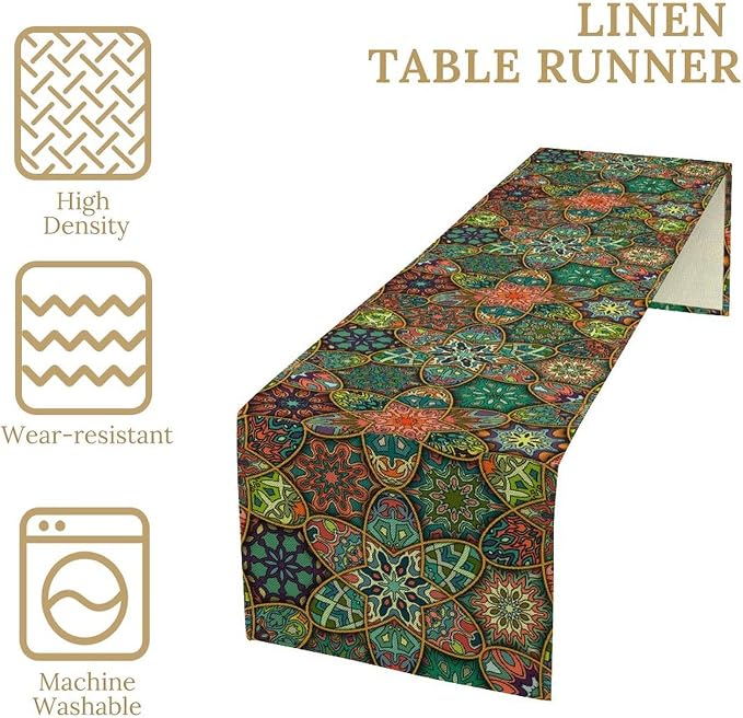 YCness Bohemian Vintage Dining Table Runner Boho Geometric Moroccan Mandala Retro Table Runner for Kitchen Dining Home Party Decor Green 13x36 Inch