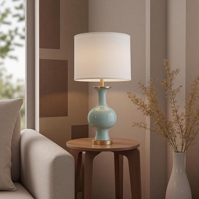 21" Green Ceramic Table Lamp, Bedroom Lamps for Night Stands, Farmhouse Bedside Lamps for Bedroom Living Room, Small Nightstand Lamps Desk End Table Lamps, Light Green