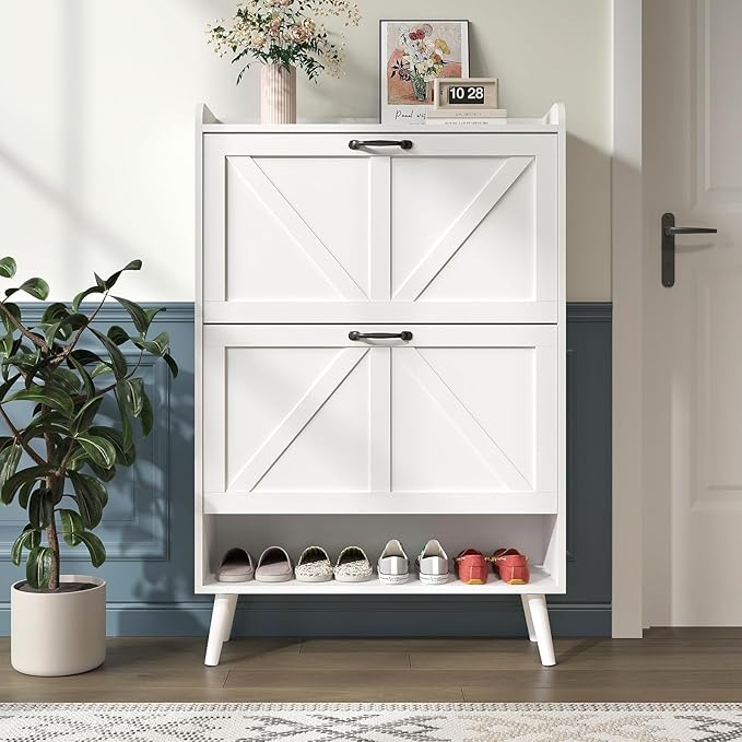 Shoe Cabinet with 2 Flip Drawers, Freestanding Shoe Storage Cabinet for Entryway, Farmhouse Shoe Organizer Cabinets with Wood Legs, Narrow Shoes Rack Cabinet, White