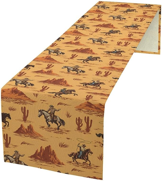 Retro Western Cowboy Table Runner, Rustic Wild West Rodeo Horses Cactus Desert Print Table Decoration for Kitchen Dining Home Party Birthday Decor, 13x36 Inch