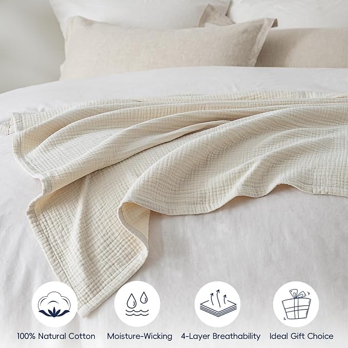 PHF 100% Cotton Muslin Throw Blanket 50" x 60", 4-Layer Lightweight and Breathable Blanket, Luxuriously Soft Gauze Throws for Couch Bed Sofa, Ideal Gift Choice, Oat Milk (Pack of 2)