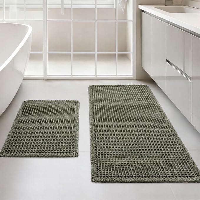 Waffle Bath Mat Set of 2, Non Slip Waffle Rugs for Bathroom, Super Absorbent & Quick Dry Soft Shower Mat for Bathroom & Kitchen Floor, Machine Washable Bath Rugs (Green)