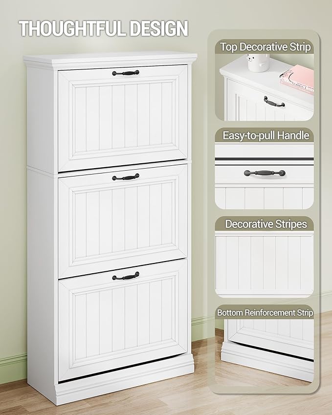 Hzuaneri Shoe Cabinet with 3 Flip Drawers, Freestanding Wood Shoes Storage Organizer with Adjustable Shelves, Hidden Narrow Shoe Cabinet for Entryway Hallway, White, 9.4"D x 24.8"W x 53.3"H, SR60103X