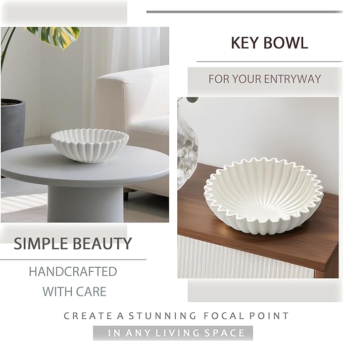 Decorative Bowl for Home Decor, 9.6" Modern White Scalloped Fruit Bowl for Coffee Table, Entryway Table, Kitchen Counter, Centerpiece for Keys or Candy