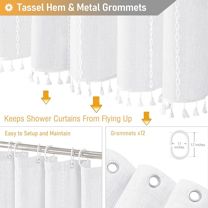BTTN Boho Long Shower Curtain, 72x78 Inch Long Linen Ultra Thick Fabric Shower Curtain Set with Plastic Hooks, Tall Modern Farmhouse Country Neutral Textured Cloth Shower Curtains for Bathroom, White
