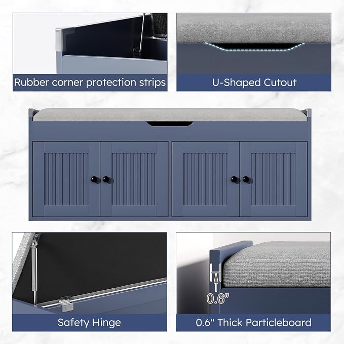 47.2" Storage Bench - Entryway Shoe Bench with 4 Doors and Top Storage Area, Multifunctional Entryway Bench with Lift Top Cushion, Shoe Storage Bench for Bedroom, Living Room, Navy Blue