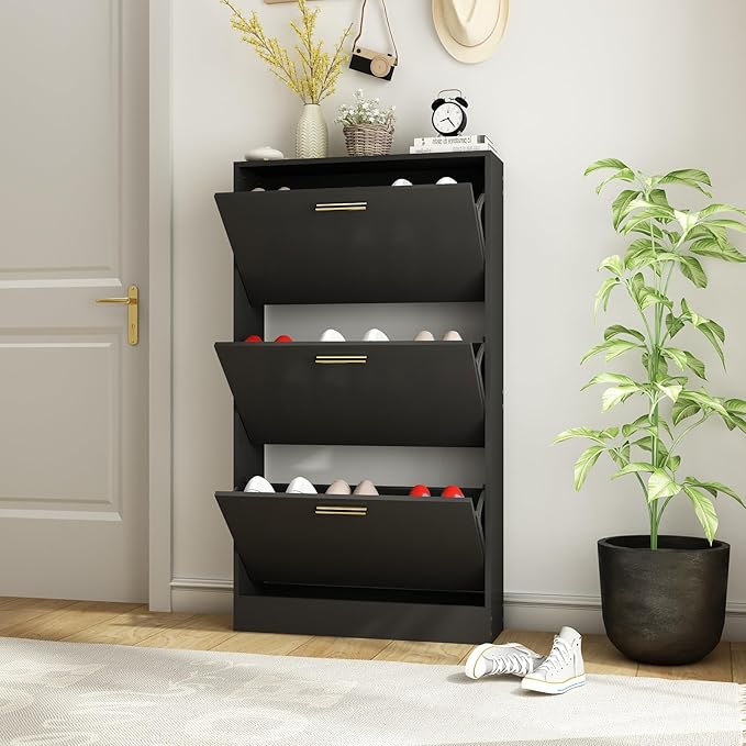 Shoe Cabinet Storage for Entryway, White Shoe Organizer with 2 Flip Drawers & Open Shelf, Freestanding Hidden Large Shoe Storage Cabinet (2pc-Black, 3 Flip Drawers)