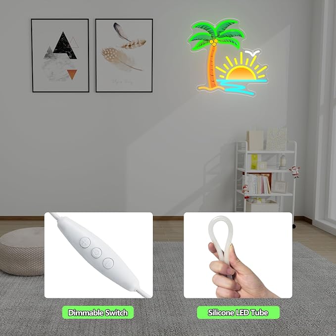 Tropical Neon Sign for Wall Decor, 13.5 x 13 Inch Palm Tree Sunset Neon Light, Dimmable USB Powered Coconut Tree LED Sign for Tiki Bar Hawaii Club Bedroom Bar Beach Theme Restaurant Party Decor