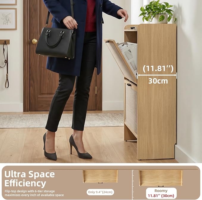 Shoe Storage Cabinet for Entryway, 2 Flip Drawers with 3-Tier Rack Each, 6-Layer Total Storage, Narrow Shoe Cabinet with Linen Panel, Slim Wood Shoe Organizer Closed Shoe Rack for Hallway,Small Spaces