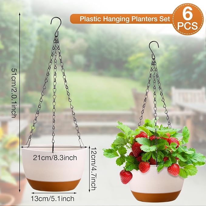 Mumufy 6 Pcs 8 Inch Hanging Planter for Indoor and Outdoor Plants Plastic Hanging Flower Pots with Drainage Hole and Removable Saucer Hanging Plant Holder Plant Hanging Basket (Mixed Colors)
