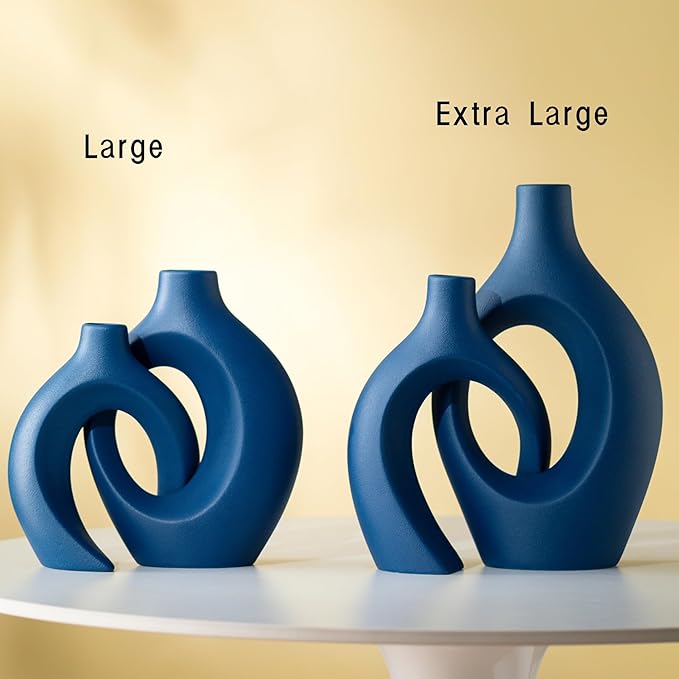 Lvases Snuggle Hollow Ceramic Vase Set of 2, 11Inch Nordic Modern Boho ins Style Decorative Ceramic Aesthetic Flower Vases for Home Decor Living Room Shelf Table Decorative (Matte Navy Blue)
