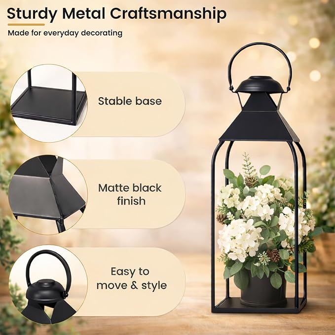 Decorative Metal Lanterns Indoor Outdoor, Set of 3 Farmhouse Lantern Holders Without Candles for Porch, Patio, Fireplace, Floor, Wedding & Holiday Table Centerpiece (Black, 20" 15.7" 12")