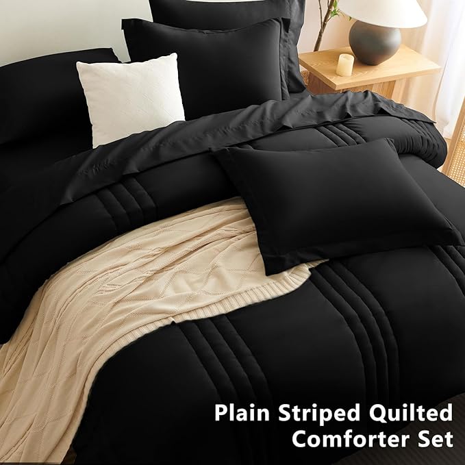 CozyLux Full Size Comforter Sets - 7 Piece Bed in a Bag Black Comforter Set with Sheets Luxury Bed Set All Seasons, Soft Bedding Set with Down Alternative Comforter, Sheets, Pillowcases & Shams