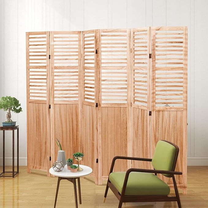 65 Inch Partition Room Dividers with Extra Stable Base, 6 Panel Folding Wood Privacy Screen for Home Office Restaurant Bedroom - Natural