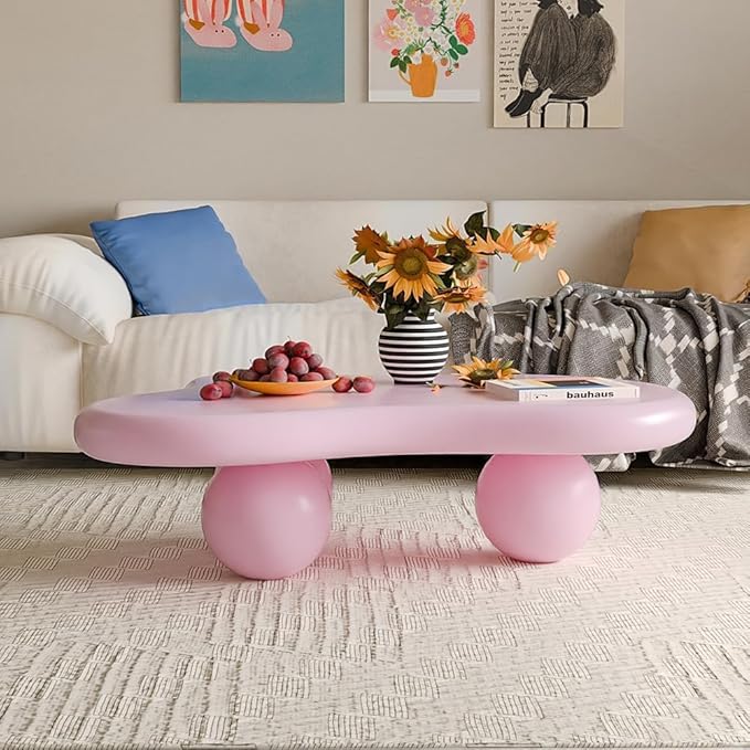 47" Cloud Coffee Table for Living Room Irregular Coffee Table Modern Unique Coffee Tables Cute Center Table with 3 Ball Legs for Small Space Apartment Cream Pink