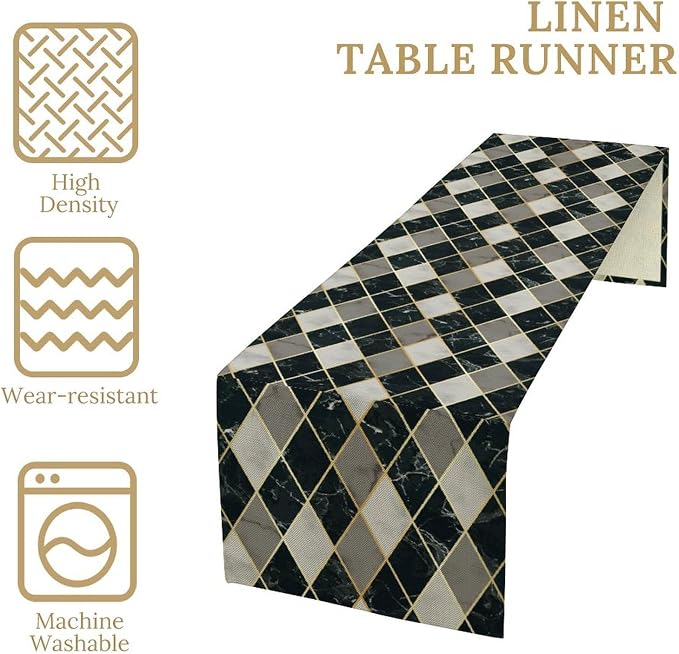 Marble Table Runner,White Grey Black Gold Geometric Diagonal Marble Pattern Table Runner for Coffee Table Dining Room Table Bedroom Party Holiday Decor 13x108inch