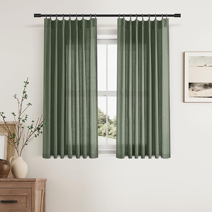Aersas Olive Green Pinch Pleat Linen Curtains 45 Inch Long for Kitchen Pleated with Hooks Back Tab Light Filtering Boho Farmhouse Short Semi Sheer 45 Inch Cafe Curtain for Dining Room RV Small Window