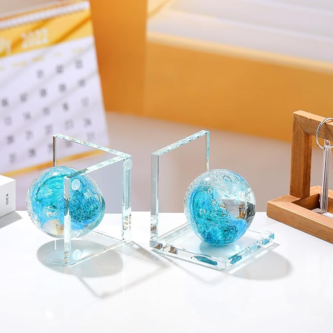 Book Ends for Shelves, Glass Bookends with Turquoise Crystal Hand Blown Sea Wave Ball, Non Skid Sturdy Glass Decorative Bookends for Ocean Lovers, Heavy Books, Office, Set of 2