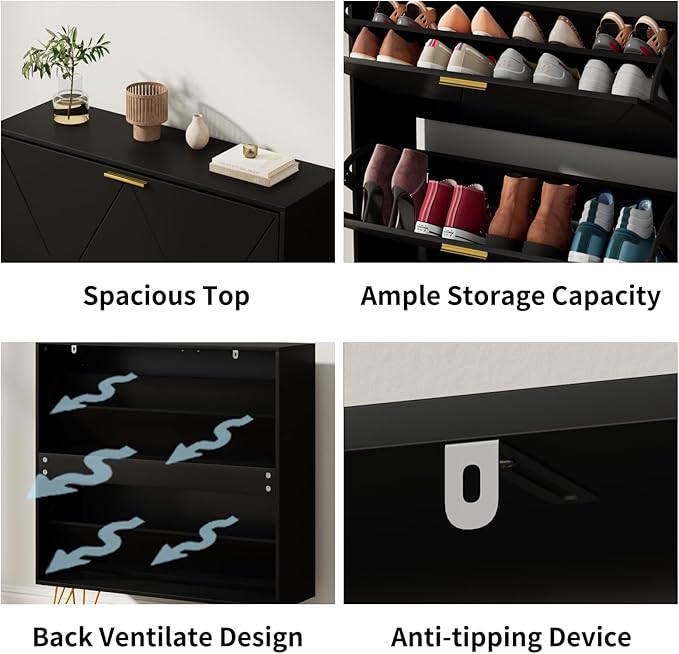 CARPETNAL Shoe Cabinet for Entryway Slim, Black Shoe Storage Cabinet with 2 Flip Drawers, Narrow Shoe Rack Cabinet, Freestanding Shoe Cabinet Organizer with Metal Handle and Legs for Entryway, Hallway