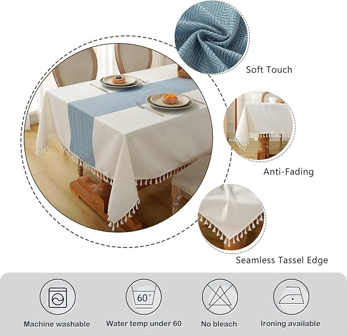 Laolitou Tablecloth for Dining Table Rustic Farmhouse Kitchen Tables Cloth Coffee Table Cover, Cotton Linen Fabric Small Rectangle Tablecloths, Beige, Blue Stripe, 55x102 Inch