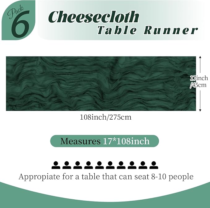 6 Pack Emerald Green Cheesecloth Table Runner, 17 x 108 Inch, Gauze Cheese Cloth Table Runner Rustic Sheer Runner for Wedding Birthday Party Baby Shower Table Decor(Emerald Green)