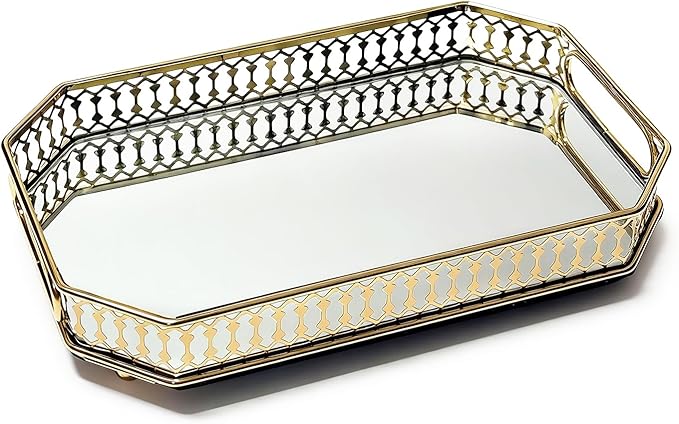 Glass and Gold Rectangular Tray Dinner Plate Perfume and Vanity Tray Decorative Mirrored Vanity Tray with Gold Metal Cutout Design, Glass and Metal Jewelry ，11 inch (11 Inch Rectangular)