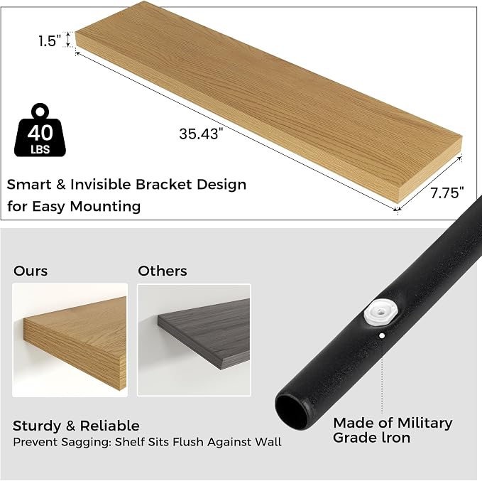 Venusmiles Floating Shelves for Wall 36 inch Long, Engineered Wood Wall Shelves with Invisible Brackets for Living Room Bedroom Bathroom Office Kitchen Decor and Storage, Oak Finish, Set of 2