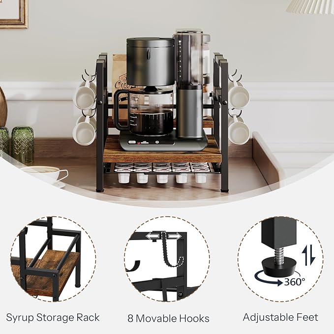 HOOBRO K Cup Holder, Coffee Pod Organizer for Counter, 35 Capacity Pods Storage Organizer Cups with Mug Rack, Coffee Maker Stand, Coffee Station for Syrup, Rustic Brown and Black BF01CR01