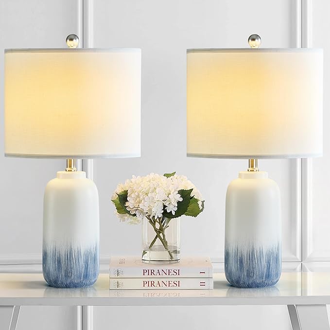 24" Blue Ceramic Table Lamps Set of 2, Modern Coastal Blue Bedside Nightstand Lamp for Living Room, 3 Way Dimmable End Table Lamps for Bedroom Office
