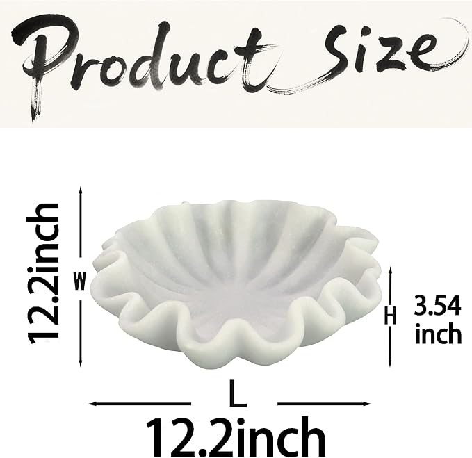 12" Large Handmade Decorative Bowl decor , Handicraft Scalloped Bowls for Modern Home Decor,Ruffle Decor,Key Bowl for Entry Table,Decorative Fruit Bowl for Kitchen Counter,Artificial Stone Milky White