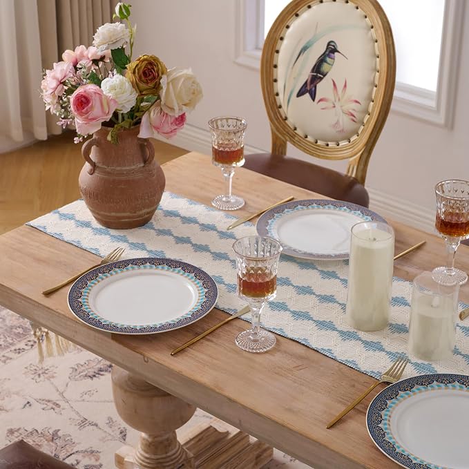 Fancy Homi Light Blue Boho Cotton Polyester Table Runner 48 Inches Long, Farmhouse Macrame Table Runners with Tassels for Home Party Bohemian Rustic Bridal Shower Kitchen Dining Decor 12x48 Inches
